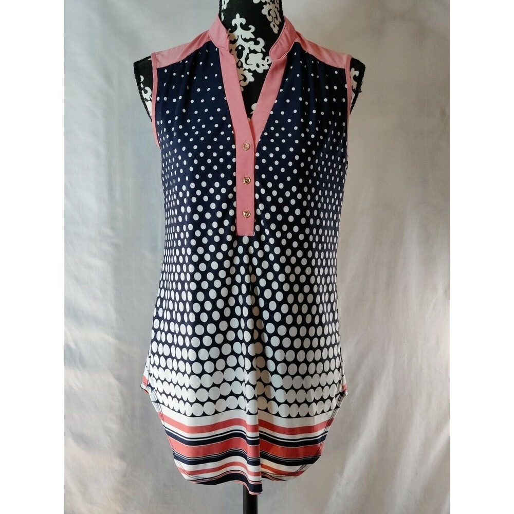 PerSeption Concept Polka Dot Sleeveless V-Neck Tunic Top‎ Coral Trim Women's S